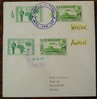 1959 Ethiopia Postmarks Werder & Awash,  1c Postage Due Addressed Sweden