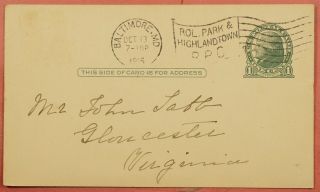 Dr Who 1916 Postal Card Baltimore Md Park & Highlandtown Streetcar Rpo 38108