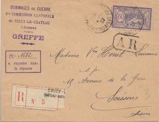 France 1922 Registered Cover From Couchy - Le - Chateau Commission