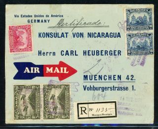 Nicaragua Postal History: Lot 100 1931 Reg Multifranked Air Managua - Munich $$