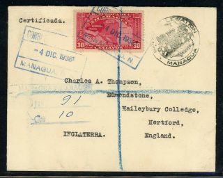 Nicaragua Postal History: Lot 93 1938 Reg Air 30c Franking Managua - England $$