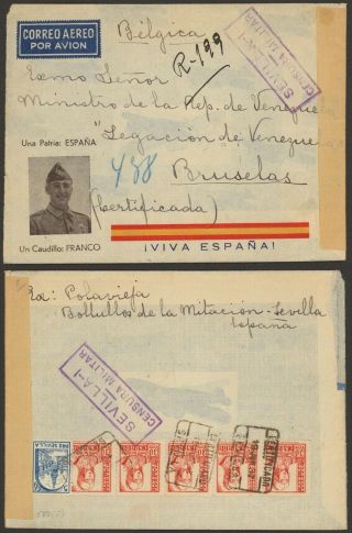 Spain Civil War 1937 - Registered Cover Sevilla To Belgium - Censor D148