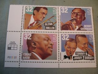 Plate Block Of Big Band Leaders 32 Cent Usa Stamps 1996,  Scott 3096 - 99,  Mnh,