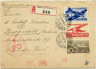Switzerland 1944 Regis.  Cover To Germany W/1944 Airmail Set,  Munich Censor