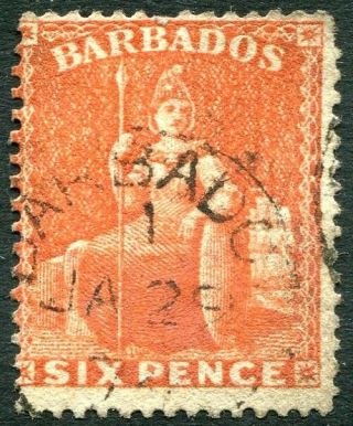 Barbados - 1872 6d Orange - Vermilion Sg 53 Fine V23858