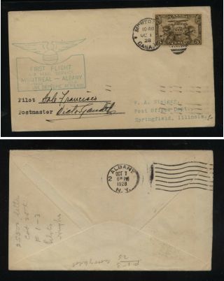 Canada First Flight Cover Montreal To Albany Pilot Signed 1928 Kels1104