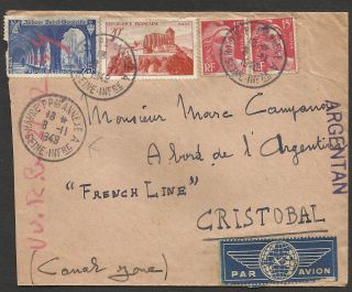 France To Canal Zone Airmail Cover To Ship " Argentina " Airplane Rare Destination