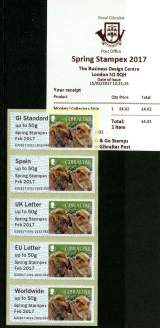 Gibraltar 2017 Mnh Monkeys Spring Stampex 5v Collectors Strip Gi01 B2gb17 Stamps