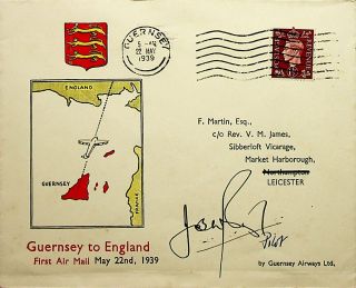 Guernsey Airways 1939 Rare Pilot Signed Flight Cover To England