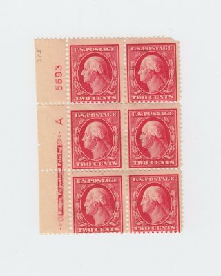Block Of 6 George Washington Stamps Tape On Reverse Scott 375 Us 1910 - 1911 2c