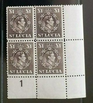 St.  Lucia 1946 Kg Vi £1 Sg 141 Sc 126 Block Four Mnh With Plate 1 Margin