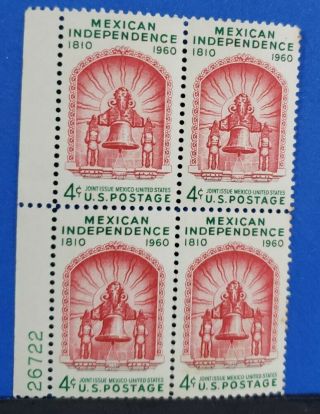 U.  S.  Scott 1157 Mnh 4 Cent Plate Block Of 4 - 1960 - Mexican Independence