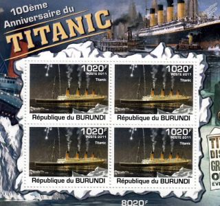 Rms Titanic White Star Line Ocean Liner Ship Stamp Sheet 3 Of 5 (2011 Burundi)