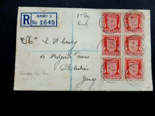 Jersey Registered Cover With 6 X 1d Arms Fdc Cancelled Havre Des Oas Sub P.  O.