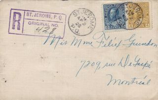 Canada 1928 Registered Cover St Jerome Pq To Montreal 12c Rate