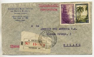 Argentina 1940 Registered Lati Airmail Cover To Italy Very High 5.  40p Franking