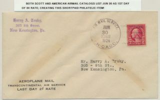Usa 1924 (june 30) Short Paid 2c Airmail (mailed On 1st Day Of 8c Rate)