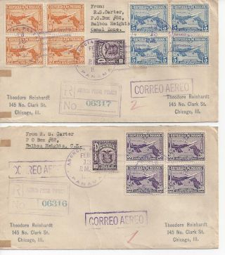 1931 Panama 2 Registered Covers To Chicago - Red Starburst Seal On Back