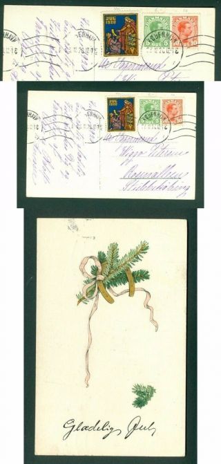 Denmark.  Christmas Card 1920.  Horse Shoe " Goldprint " With Seal.  5,  10 Ore King.