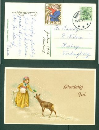 Denmark.  Christmas Card 1916 With Seal,  5 Ore.  Norre - Alslev.  Girl,  Deer.  24 Dec.
