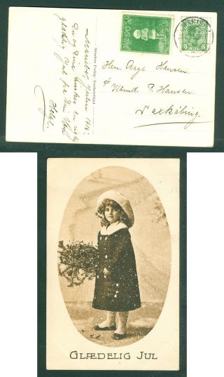 Denmark.  Christmas Card 1915 With Seal,  5 Ore.  Girl,  Flowers.  Cancel: 24 Dec.