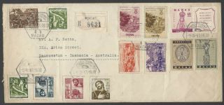 Macau 1953 Registered Cover With Many Stamps To Launceston – Tasmania,  Australia