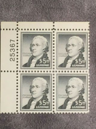 Scott Us 1053 1956 $5 Hamilton Plate Block Of 4 Stamps Mnh -
