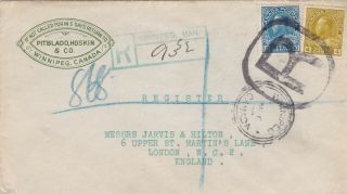 Canada 1922 Registered Corner Card Cover Winnipeg To London Uk 14c Rate