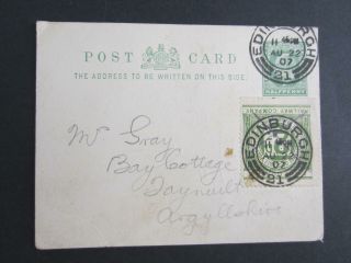 Great Britain Edinburgh,  Aug 22,  1907 Post Card With Railway Postal Label [1091