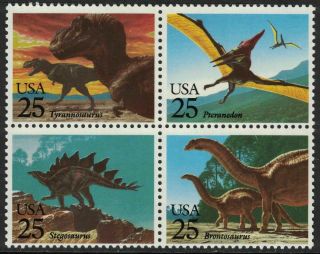 1989 25¢ Dinosaurs: Mnh Block Of 4 Scott 2422 - 25,  Tyrannosaurus,  Brontosaurus
