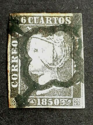 Spain Rare 1850 6 Cuartos Stamp With Great Cancel As Per Photo.