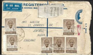 India,  Nov 48 Registered Cover To Uk,  With 6x 1 1/2a Gandhi,  Commercial Use