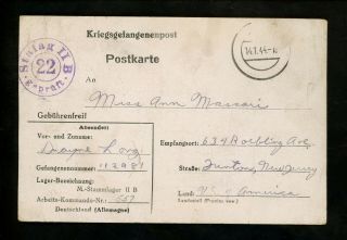Postal History Germany Pow Frank Censored Postcard 1944 Stalag Ii - B To Nj