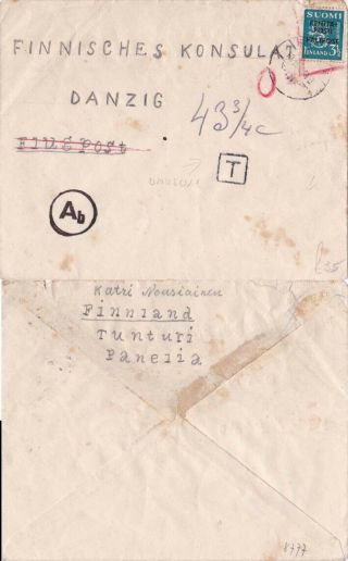 Finland 1940 Sent To Finland Consulate In Danzig Censored {see Below}