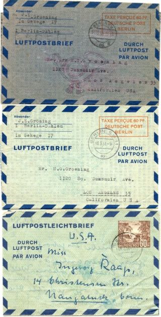 Germany,  W.  Berlin,  1950 - 51 Three Different 60pf Air Letter Sheets,