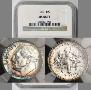 1959 Roosevelt Dime 10c Ms 66 Ft Full Torch Ngc Color Toned