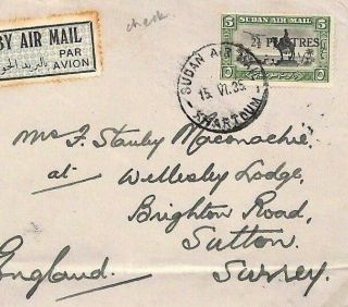 Sudan Cover 1935 Air Mail Surcharge Overprint Gb Surrey Camel {samwells}be99