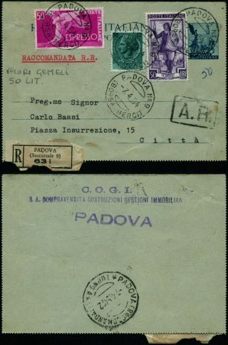 B616 Italy Express Registered Postcard Stationery Padova 1954