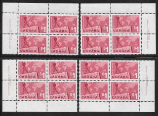 Canada - 1963 $1 Export Trade - 4 X Corner Imprint Blocks Of Four - 16 Stamps Mnh