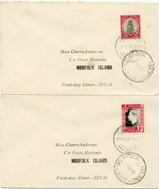 South Africa Two 1938 Covers To Norfolk Island W/ship Or Coronation 1p Solo
