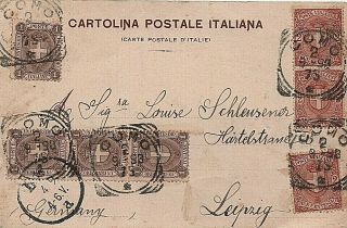 Multi - Stamped Italy Postcard Of Lago Maggiore To Leipzig Germany