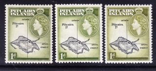 Pitcairn Islands Qeii 1957/9 Sg19/a/b 1d 3 Shades Lightly Mounted.  Cat £90