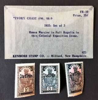 3 Ivory Coast Cote D’ivoire Postage Stamps 96,  98 - 9 1933 Hinged Overprint