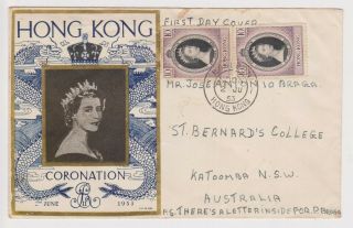 (k160 - 12) 1953 Hong Kong Fdc Qeii Coronation 10c X2 Stamps To Australia (l)
