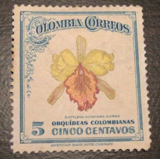 Rare 1947 Columbia Correos Cattleya Chocoencici Orchid Stamp 5 Cent Aurea Wow