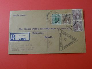 Registered 1940 Cover Chartered Bank Taiping To First Natl Bank Of Honolulu