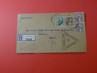 Registered 1940 Cover Chartered Bank Taiping to First Natl Bank of Honolulu 2