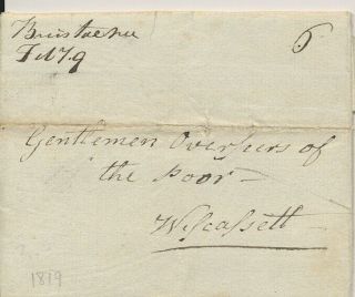 Stampless Letter Bristol District Of Maine 1819 To Overseers Of The Poor Wiscass