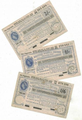 British Postal Orders,  5 different denominations,  VG to Fine 3