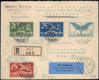 1928 Switzerland Registered Multi Air Mails To United States